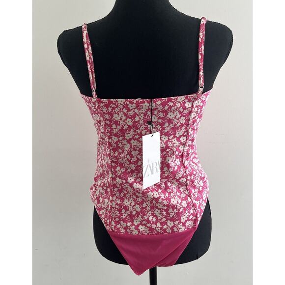 ZARA Pink & White Floral Corset Bodysuit Tank Top Women's Size M Ditsy floral - Picture 2 of 8